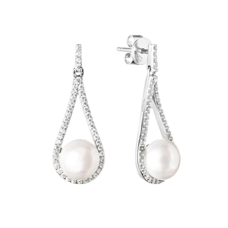 Cercei lungi cu perle naturale albe de argint cu pietre DiAmanti SK19233E-W-G (Argint 925‰ 4,2 g.)