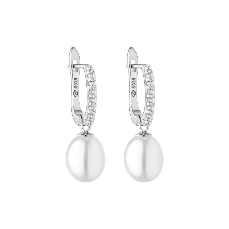 Cercei perle naturale albe de argint cu pietre si tortita DiAmanti SK21368EL-W-G