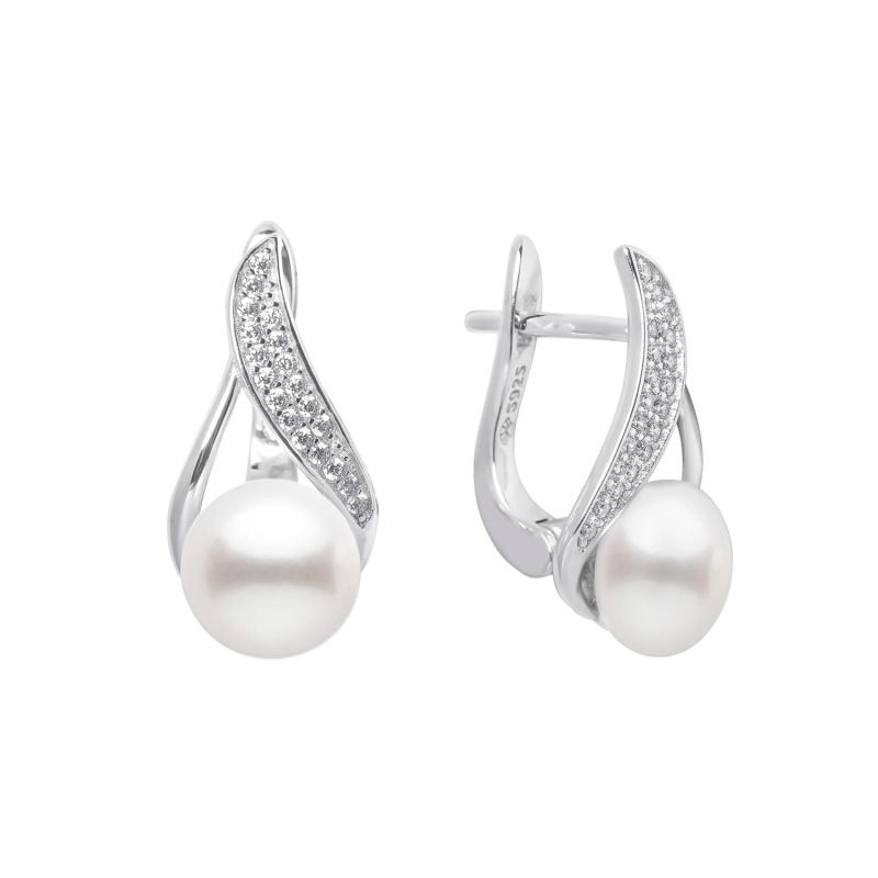 Cercei perle naturale albe de argint cu pietre si tortita DiAmanti SK18439EL-W-G (Argint 925‰ 2,9 g.)