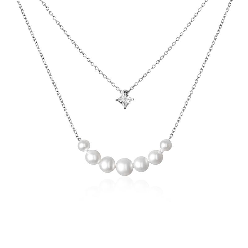 Colier cu perle naturale albe cu lantisor dublu din argint si piatra DiAmanti SK20233N-W-G (Argint 925‰ 3,1 g.)