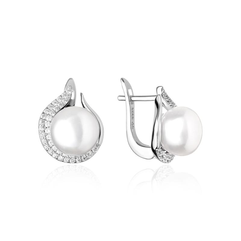 Cercei argint cu perle naturale albe si cristale cu tortita DiAmanti SK20205EL_W-G (Argint 925‰ 3,7 g.)