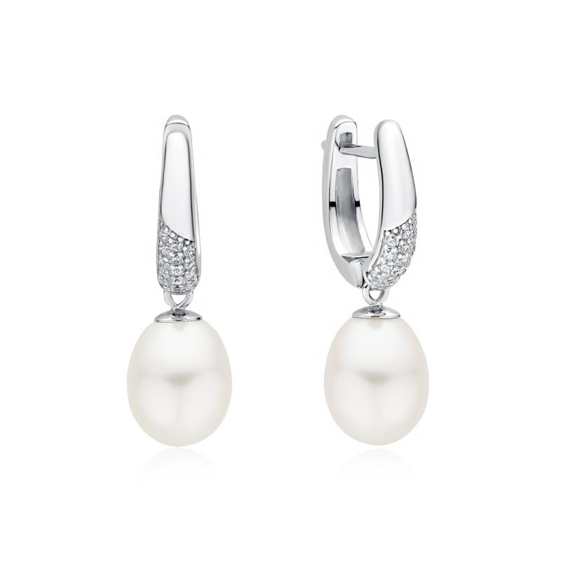 Cercei argint cu perle naturale albe si pietre, cu tortita DiAmanti SK22518EL_W-G (Argint 925‰ 2,6 g.)