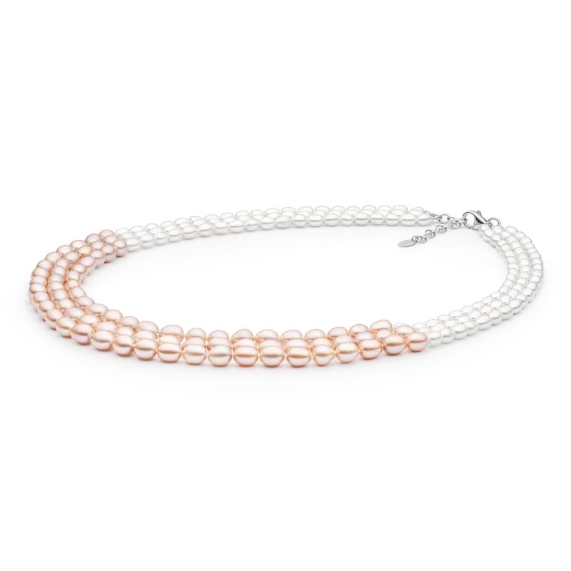 Colier cu 3 randuri de perle naturale albe si roz si argint 50 cm DiAmanti 212-27-G (Argint 925‰ 2,05 g.)
