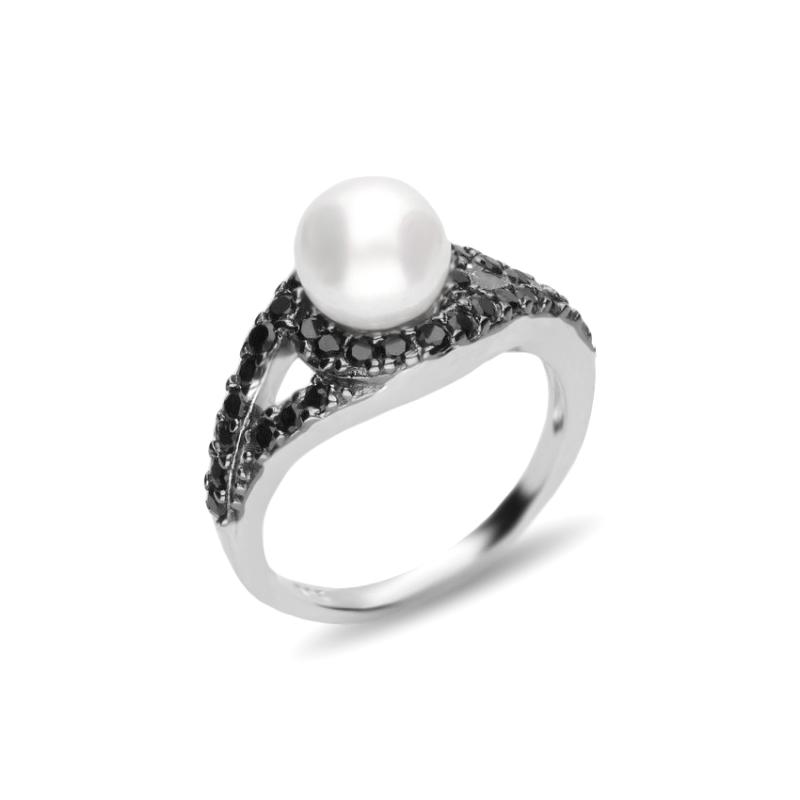 Inel argint cu perla naturala alba si cristale negre DiAmanti R-1018-AS (Argint 925‰ 3,7 g.)