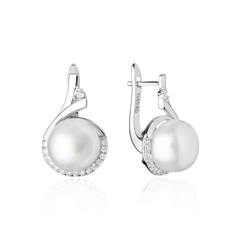 Cercei argint cu perle naturale albe si pietre, cu tortita DiAmanti SK20219EL_W-G (Argint 925‰ 4,05 g.)