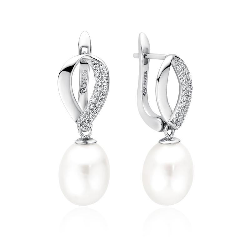 Cercei argint cu perle naturale albe si pietre cu tortita DiAmanti SK22101EL_W-G (Argint 925‰ 3 g.)