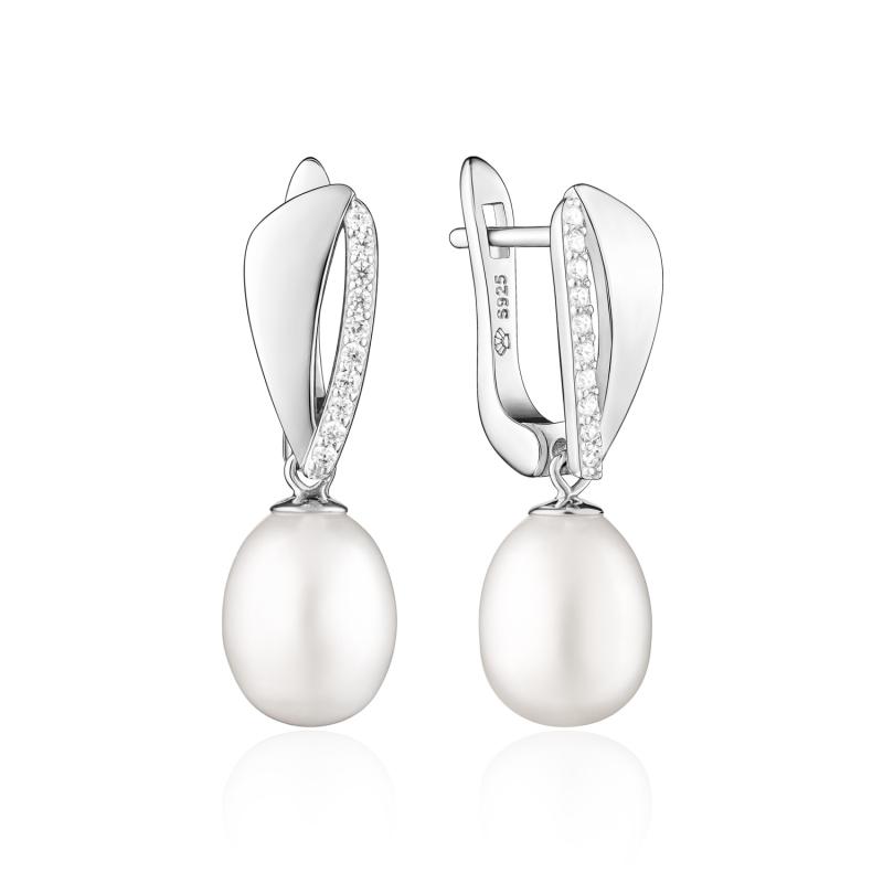 Cercei argint cu perle naturale albe si pietre cu tortita DiAmanti SK23369EL_W-G (Argint 925‰ 2,9 g.)