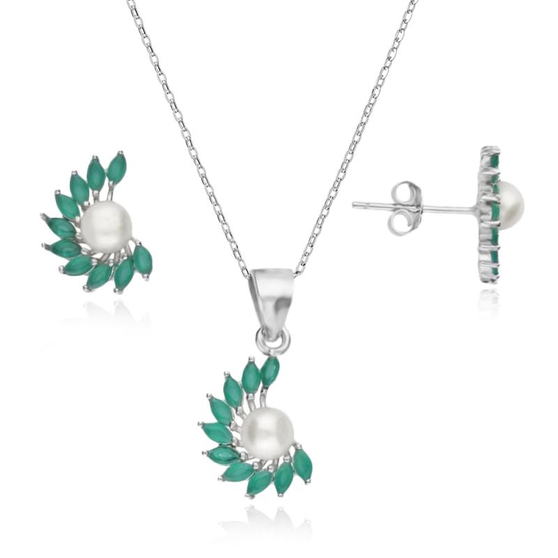 Set argint cercei si lantisor cu perle si pietre verzi DiAmanti AS4892_Necklace-AS (Argint 925‰ 3,2 g.)