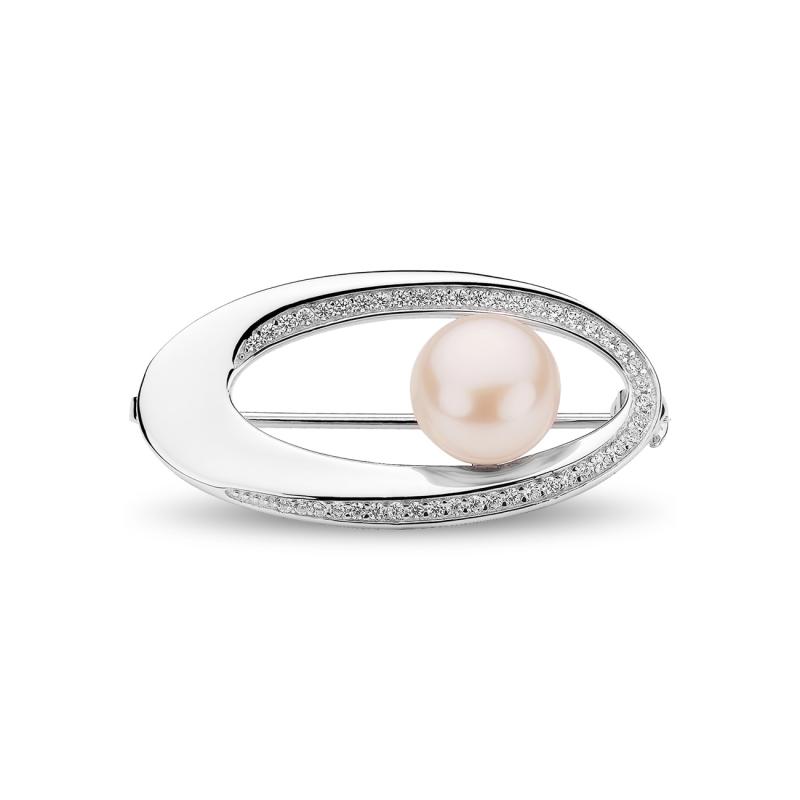 Brosa argint cu perla naturala roz Fuzz Peach si pietre DiAmanti SK23489BR_P-G (Argint 925‰ 4,2 g.)