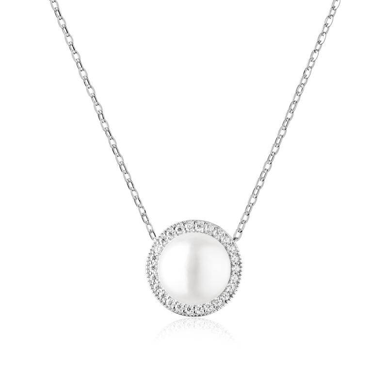 Lantisor argint cu perla naturala alba si cristale DiAmanti SK21493P_W_Necklace-G (Argint 925‰ 2,4 g.)