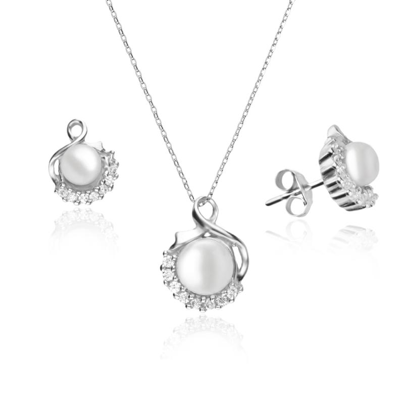 Set argint cercei si lantisor cu perle si pietre DiAmanti SETP0015-AS